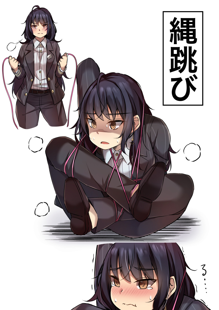 1girl absurdres black_hair blush bound brown_eyes commentary crying earrings eyebrows_visible_through_hair failure formal hair_between_eyes highres jewelry kashimoto_riko long_hair pants shirt shoes suit sweat tied_up translated umamusume white_shirt yoshito_(muyoshito207) you're_doing_it_wrong
