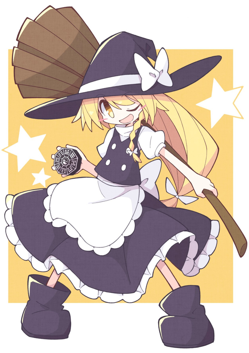 1girl apron asameshi back_bow bangs black_footwear black_headwear black_skirt black_vest blonde_hair blush_stickers boots bow braid broom full_body hair_bow hat hat_bow highres holding holding_broom kirisame_marisa long_hair low-tied_long_hair mini-hakkero one_eye_closed open_mouth shirt short_sleeves single_braid skirt smile solo star_(symbol) touhou turtleneck vest waist_apron white_bow white_shirt witch_hat yellow_background yellow_eyes