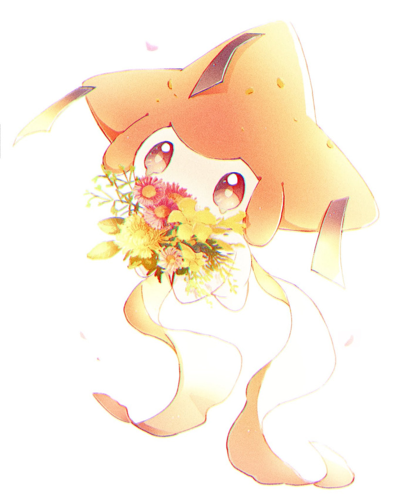 blurry bouquet brown_eyes commentary_request flower gen_3_pokemon highres holding holding_flower jirachi mythical_pokemon nao_(naaa_195) no_humans pink_flower pokemon pokemon_(creature) ribbon solo white_background yellow_flower
