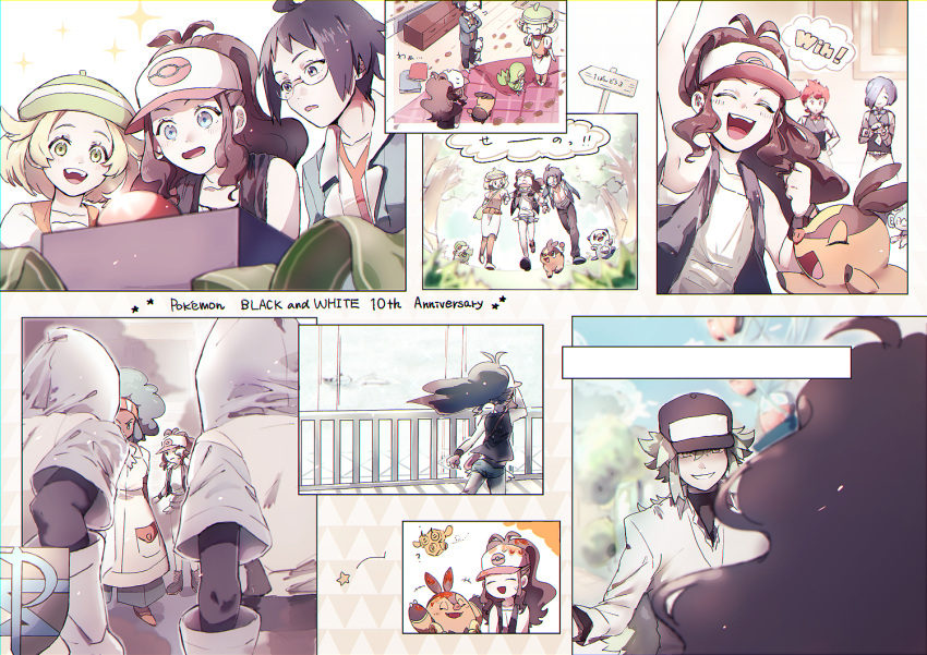 3girls 6+boys antenna_hair arm_up bangs baseball_cap bianca_(pokemon) black_hair black_headwear black_undershirt blonde_hair blue_eyes brown_hair cheren_(pokemon) chili_(pokemon) clenched_hand collared_shirt combee commentary_request cress_(pokemon) day eyelashes fence ferris_wheel gen_4_pokemon gen_5_pokemon glasses green_hair green_headwear hat hilda_(pokemon) jacket lenora_(pokemon) long_hair multiple_boys multiple_girls n_(pokemon) nao_(naaa_195) open_clothes open_jacket open_mouth oshawott outdoors pignite pokemon pokemon_(creature) pokemon_(game) pokemon_bw shirt sidelocks snivy starter_pokemon_trio team_plasma team_plasma_grunt tepig tongue tree undershirt walking white_shirt