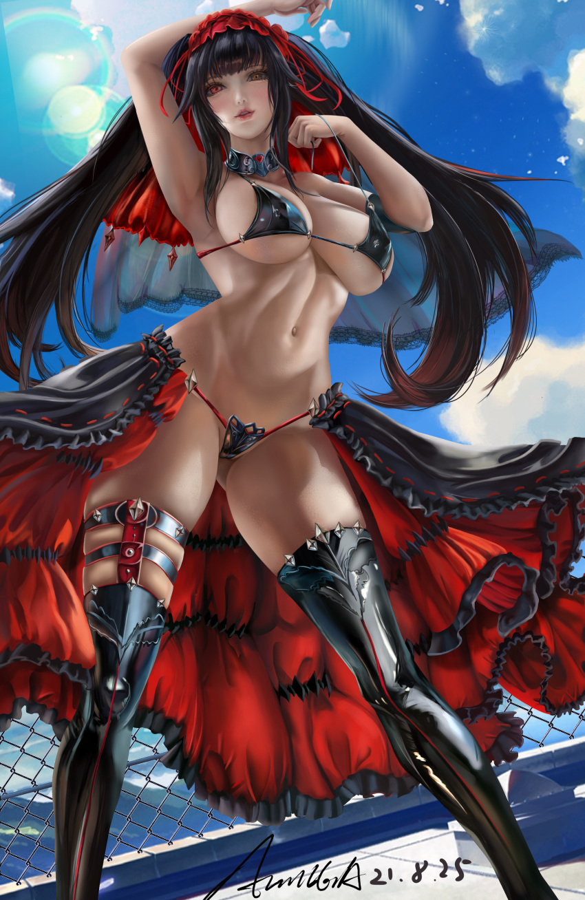 1girl absurdres almega arm_up armpits artist_name bikini black_bikini black_footwear black_hair boots breasts clock_eyes collar commentary covered_nipples date_a_live dated heterochromia highres large_breasts looking_at_viewer micro_bikini navel red_eyes solo standing swimsuit symbol-shaped_pupils thigh_boots thighhighs tokisaki_kurumi twintails yellow_eyes