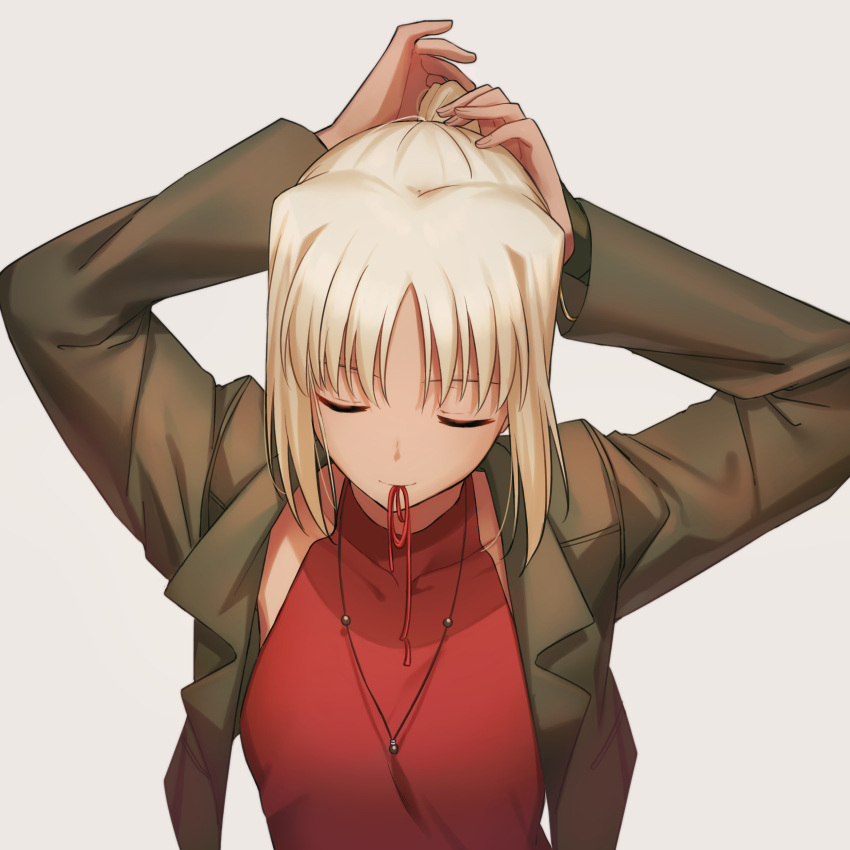 1girl 428 absurdres arms_up bangs brown_jacket canaan canaan_(character) closed_eyes closed_mouth collarbone grey_background hair_between_eyes hair_tie_in_mouth highres jacket jewelry long_hair mouth_hold necklace okakasushi open_clothes open_jacket ponytail red_ribbon red_shirt ribbon shirt silver_hair simple_background sleeveless sleeveless_shirt solo tying_hair upper_body