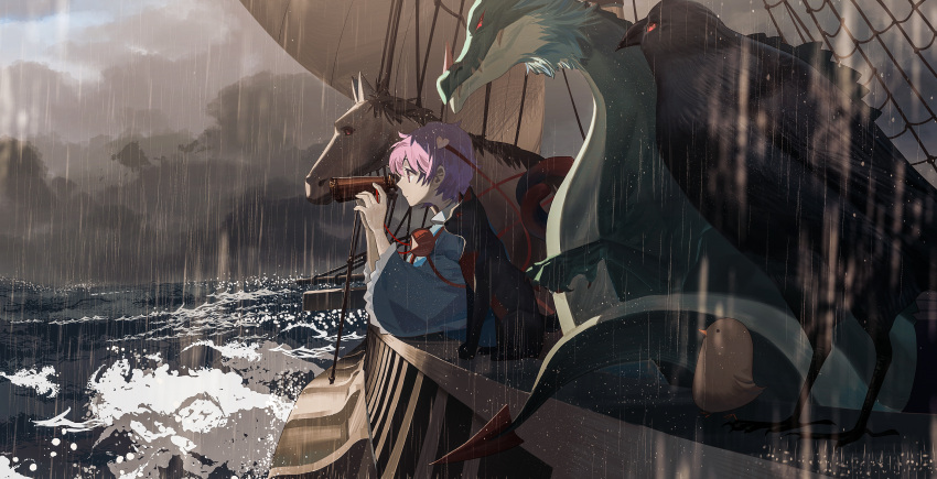 1girl absurdres animal_ears binoculars bird cat_ears cat_tail chick chicken cloud cloudy_sky dragon dragon_tail hair_between_eyes highres horse horse_ears kaenbyou_rin kaenbyou_rin_(cat) komeiji_satori long_sleeves multiple_tails nekomata ocean ouka_musci pink_eyes pink_hair rain raven_(animal) reiuji_utsuho reiuji_utsuho_(bird) sharp_teeth short_hair sky storm tail teeth third_eye touhou two_tails watercraft wide_sleeves