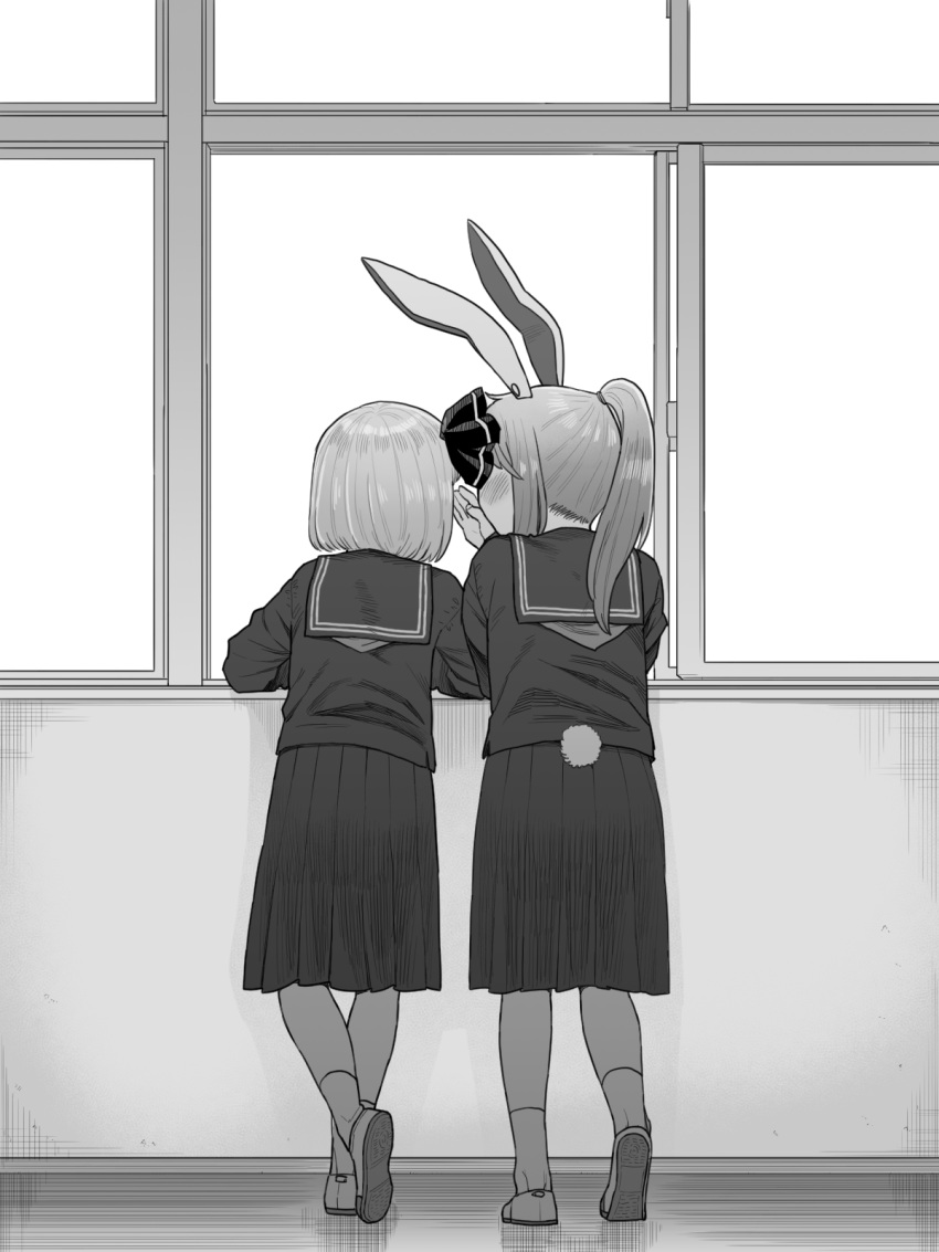 2girls alternate_costume animal_ears elbow_rest greyscale highres konpaku_youmu koyama_shigeru long_hair long_sleeves monochrome multiple_girls pleated_skirt ponytail rabbit_ears rabbit_tail reisen_udongein_inaba school_uniform serafuku shoes short_hair skirt socks standing tail touhou whispering window