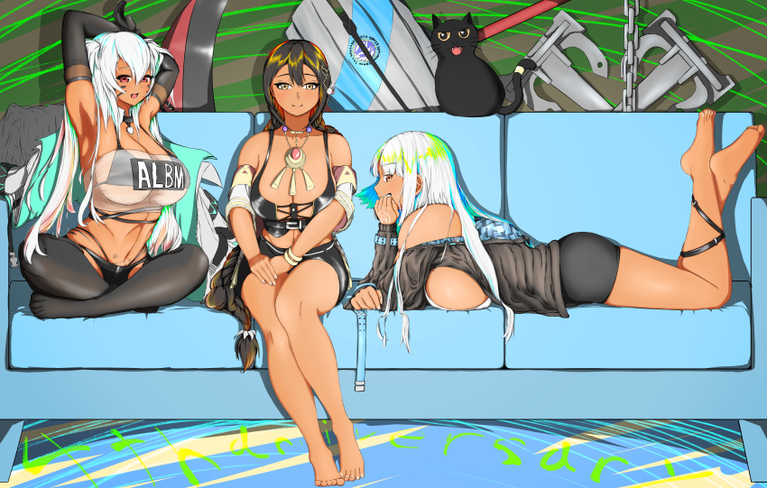 3girls :d absurdres alabama_(azur_lane) armpits arms_up azur_lane bandeau bangs bare_legs bare_shoulders barefoot bikini bikini_under_clothes black_bikini black_cat black_gloves black_jacket black_legwear bracelet breasts brown_eyes cat cleavage clothes_writing collar commentary_request couch elbow_gloves facial_mark gloves hair_between_eyes highres indian_style jacket jewelry large_breasts long_hair looking_at_viewer lying massachusetts_(azur_lane) midriff multiple_girls navel necklace off_shoulder on_stomach open_mouth profile red_eyes silver_hair sitting smile south_dakota_(azur_lane) stomach strapless swimsuit tube_top unijou_ri very_long_hair whisker_markings