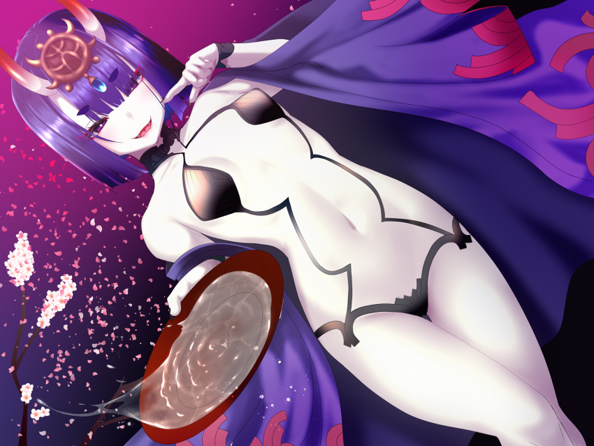 1girl alcohol bangs bare_shoulders blush bob_cut breasts collarbone cup eyeliner fate/grand_order fate_(series) headpiece highres horns japanese_clothes kimono long_sleeves looking_at_viewer makeup navel off_shoulder okuri_banto oni oni_horns open_clothes open_kimono open_mouth purple_eyes purple_hair purple_kimono revealing_clothes sakazuki sake short_hair shuten_douji_(fate) skin-covered_horns small_breasts smile solo wide_sleeves