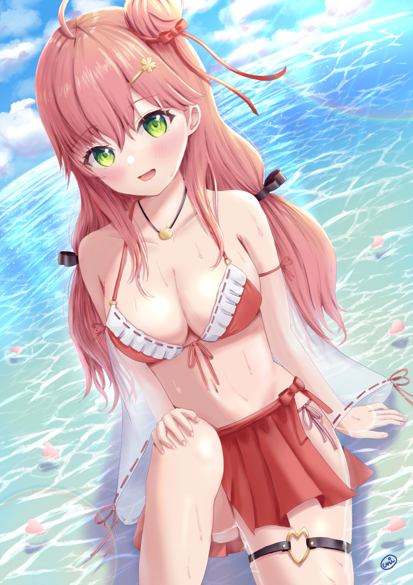 1girl :d absurdres arm_strap bare_shoulders bikini blue_sky breasts detached_sleeves feet_out_of_frame frilled_bikini frilled_bikini_bottom frilled_skirt frills green_eyes hair_between_eyes hair_bun hair_ornament hair_ribbon hairclip hand_on_own_knee heart_ring highres hololive huge_filesize jewelry knee_up large_breasts long_hair midriff navel necklace ocean open_mouth petals rainbow red_hair red_skirt reflection ribbed_shirt ribbon sakura_miko see-through_sleeves shirt signature sitting skirt sky smile solo swimsuit thigh_strap uni_ikura virtual_youtuber water wet wide_sleeves