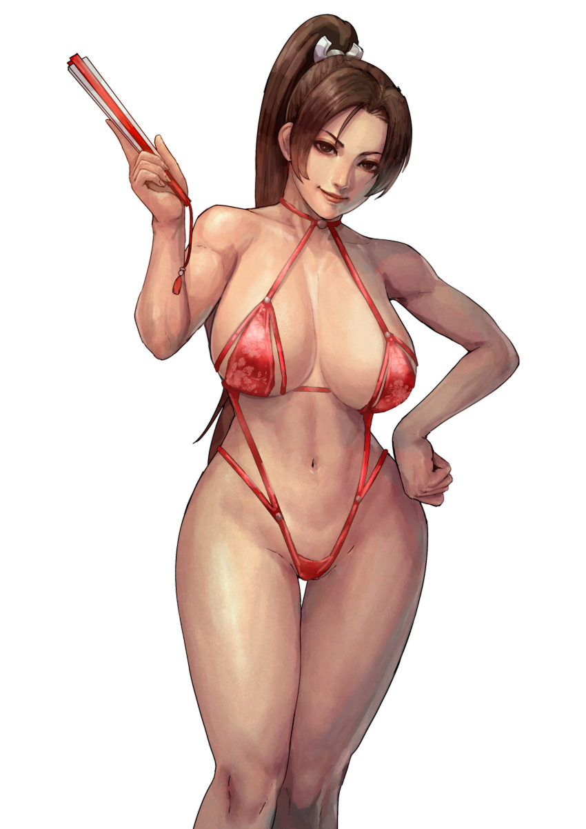 1girl absurdres bikini breasts brown_eyes brown_hair cirenk cleavage closed_fan fatal_fury folding_fan hand_fan high_ponytail highres holding holding_fan large_breasts long_hair looking_at_viewer ponytail revealing_clothes shiranui_mai slingshot_swimsuit smile solo swimsuit the_king_of_fighters white_background