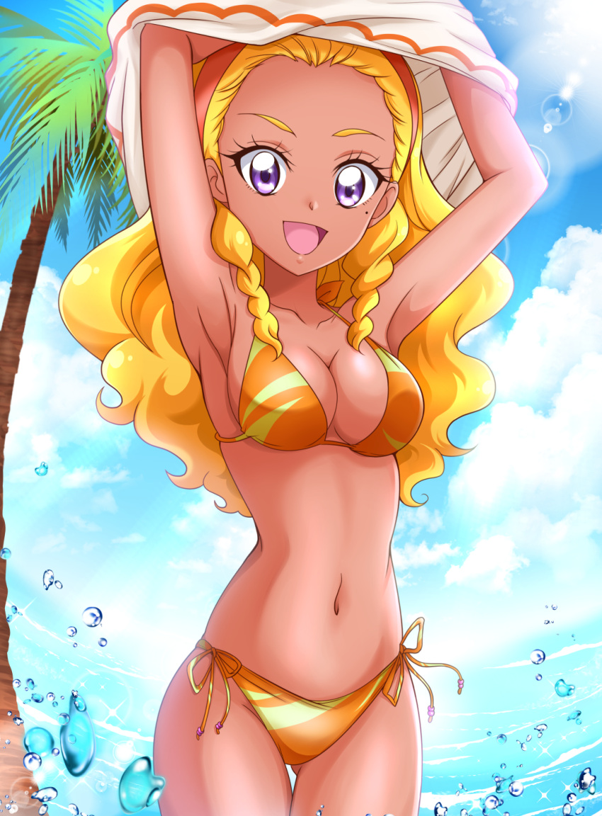 1girl amamiya_erena armpits arms_up bikini blonde_hair blue_sky breasts cleavage clothes_lift cloud cloudy_sky commentary cowboy_shot dark-skinned_female dark_skin day hair_pulled_back hairband halterneck hanzou highres lens_flare lifted_by_self long_hair looking_at_viewer medium_breasts mole mole_under_eye navel ocean one_eye_closed open_mouth orange_bikini orange_hairband outdoors palm_tree precure purple_eyes shirt_lift side-tie_bikini sky smile solo sparkle splashing standing star_twinkle_precure swimsuit thigh_gap tree undressing
