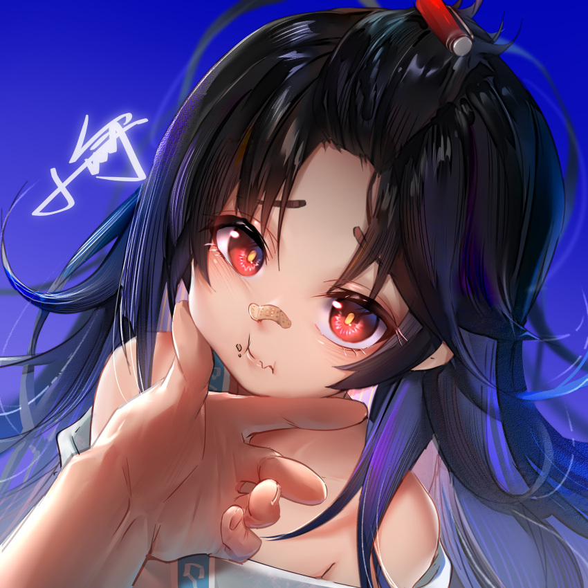 1boy 1girl absurdres bandaid bandaid_on_nose bangs_pinned_back bare_shoulders black_hair blue_background c-ms_(girls'_frontline) closed_mouth eating food food_on_face girls'_frontline highres long_hair looking_at_viewer red_eyes simple_background solo_focus upper_body xiaoyu yellow_pupils
