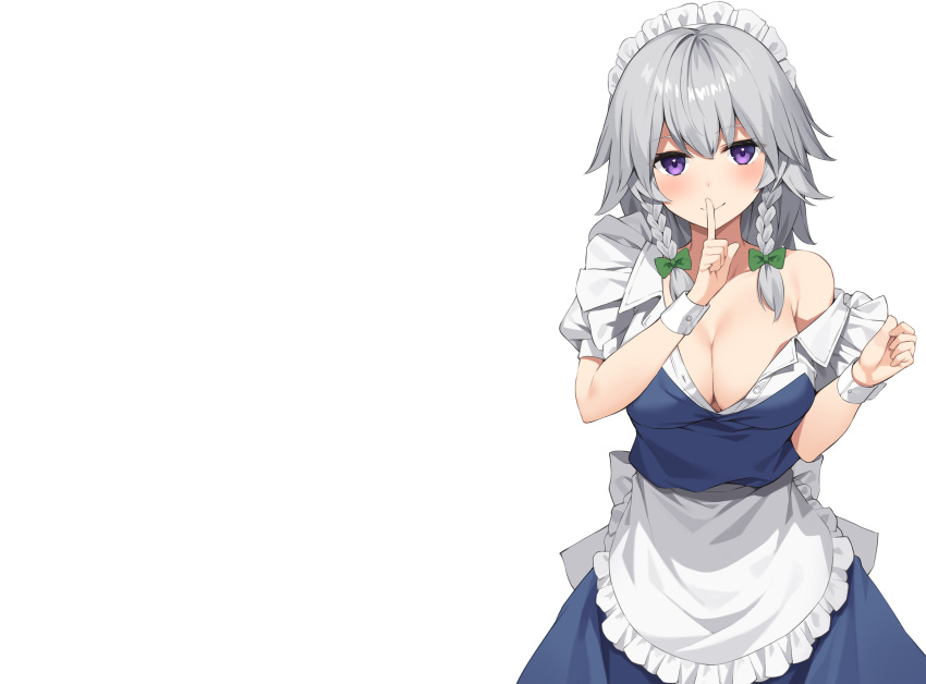 apron bow braids breasts cleavage gray_hair headdress izayoi_sakuya maid no_bra phano_(125042) purple_eyes short_hair touhou undressing white wristwear