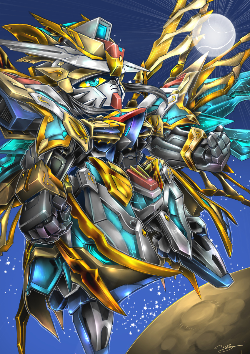 blue_eyes clenched_hand colored_sclera denjyou23 floating gundam haro highres leaning_back looking_up mecha moon no_humans sd_gundam sd_gundam_world_heroes signature solo v-fin yellow_sclera zhuge_liang_freedom_gundam