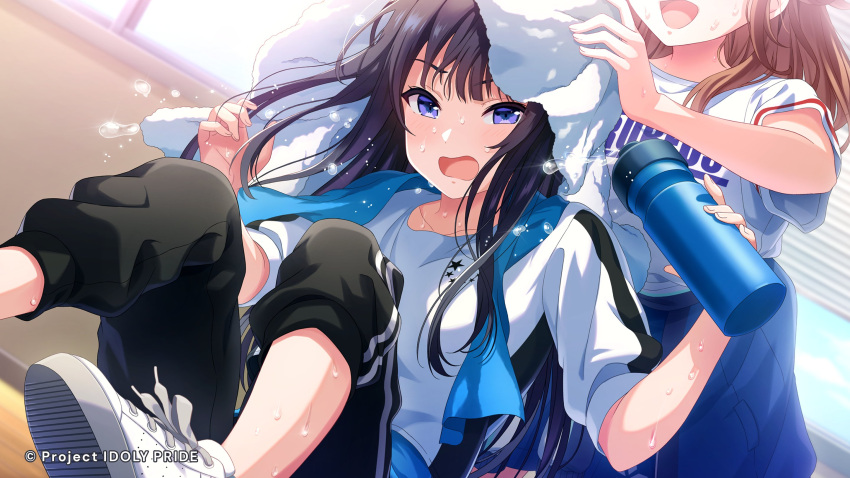 2girls bangs black_hair bottle brown_hair cygames drink eyebrows_visible_through_hair flying_sweatdrops gym_uniform highres holding holding_drink idoly_pride knees_up messy_hair multiple_girls official_art open_mouth pants purple_eyes shirt shoes sweat sweatpants t-shirt towel towel_on_head water water_bottle wet