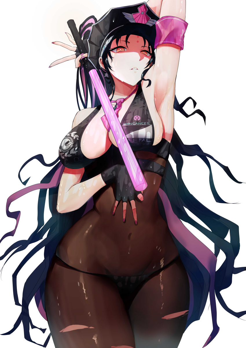 1girl absurdres arm_behind_head arm_up armpits bangs bare_shoulders bikini black_bikini black_gloves black_hair black_headwear black_legwear blush breasts cleavage covered_navel facial_mark fate/grand_order fate_(series) fingerless_gloves forehead_mark gloves halter_top halterneck hat highres large_breasts long_hair looking_at_viewer memero_7272 multicolored_hair necktie pantyhose parted_bangs parted_lips pink_hair pink_neckwear police_hat ponytail sesshouin_kiara sesshouin_kiara_(swimsuit_mooncancer)_(fate) shaded_face streaked_hair swimsuit thighs traffic_baton very_long_hair wet white_background yellow_eyes