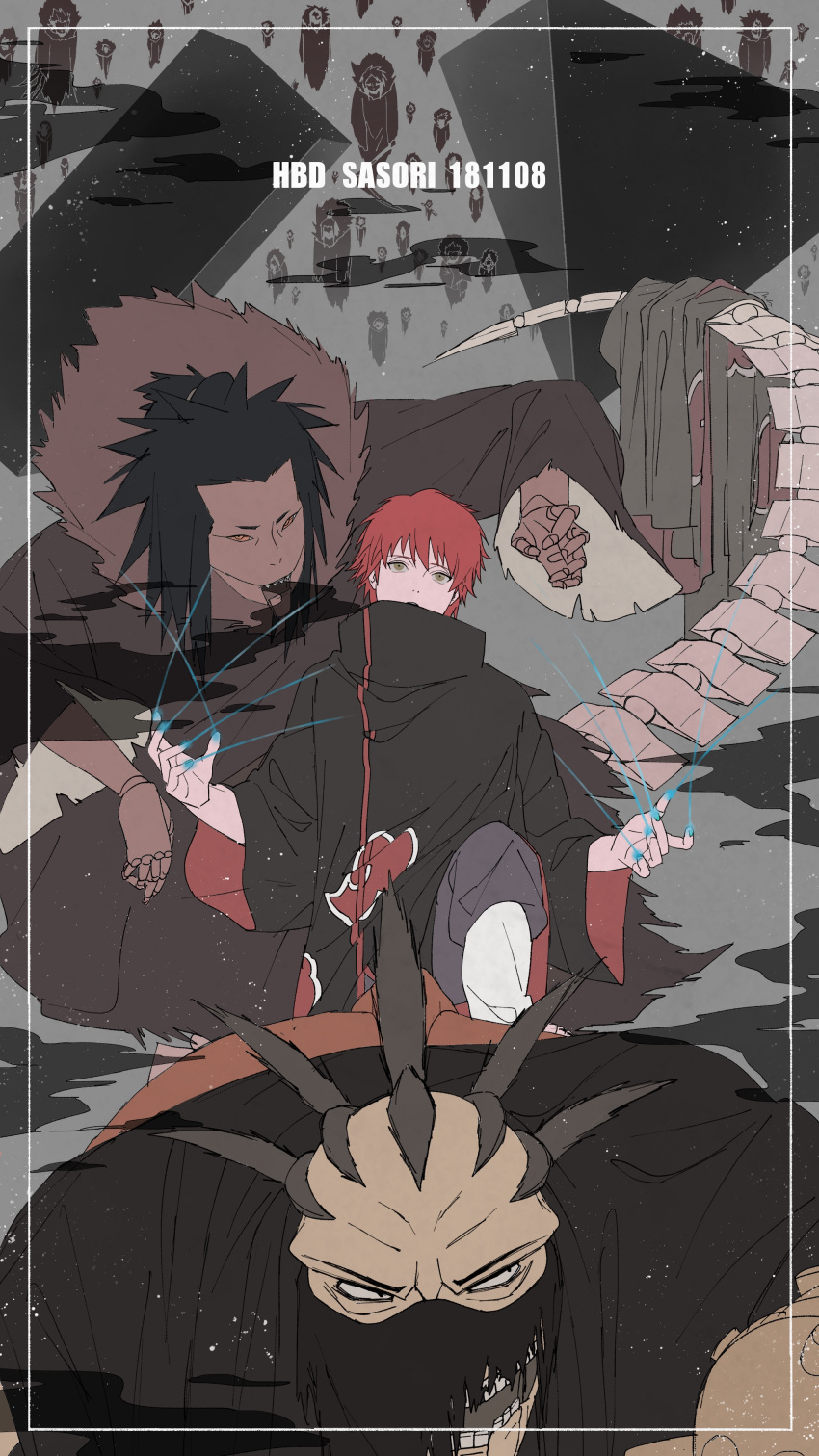 1boy absurdres akatsuki_(naruto) birthday cloak highres long_sleeves looking_at_viewer mask naruto naruto_(series) open_mouth pants puppet puppet_strings red_hair sasori_(naruto) short_hair solo user_fruf7385