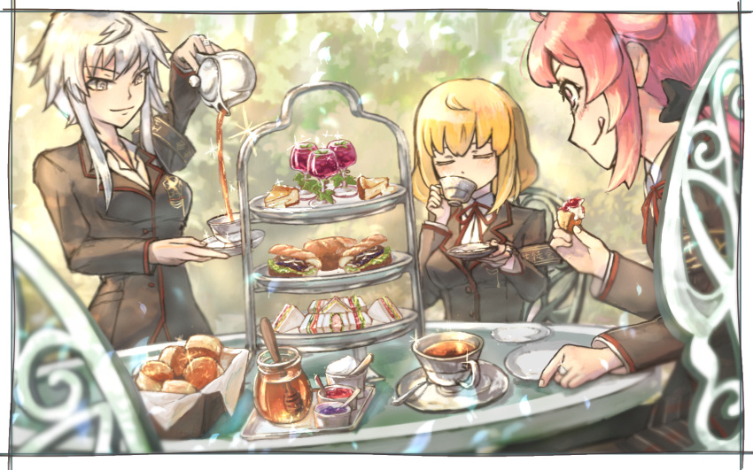 3girls blonde_hair cake cake_slice cake_stand chair closed_eyes corbeau_(tart_magica) cup food highres honey kym lapin_(tart_magica) magia_record:_mahou_shoujo_madoka_magica_gaiden mahou_shoujo_madoka_magica minou_(tart_magica) multiple_girls pink_hair ribbon school_uniform smile table tea_party teacup teapot white_hair