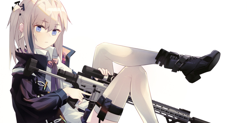 1girl ar-15 black_footwear black_jacket blue_eyes blue_hair boots closed_mouth collared_shirt commentary cuicuijiao expressionless eyebrows_visible_through_hair full_body girls'_frontline gun highres holding holding_gun holding_weapon jacket leg_up long_hair long_sleeves looking_at_viewer multicolored_hair one_side_up pink_hair purple_neckwear rifle shirt simple_background sitting st_ar-15_(girls'_frontline) streaked_hair thigh_strap thighhighs weapon white_background white_legwear white_shirt