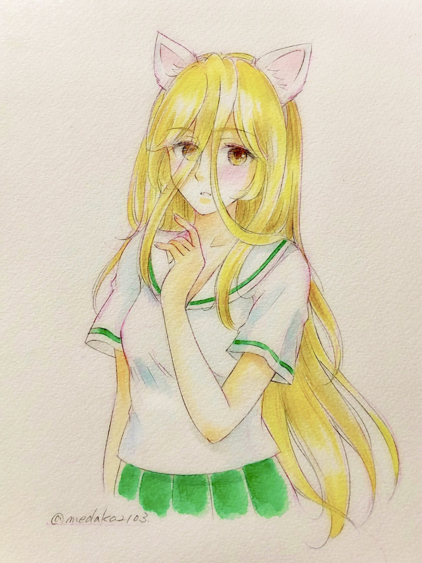 1girl animal_ears blonde_hair blouse brown_eyes cat_ears colored_pencil_(medium) commentary cropped_torso eyebrows_visible_through_hair fake_animal_ears girls_und_panzer green_skirt hair_between_eyes highres long_hair looking_at_viewer nekonyaa_(girls_und_panzer) no_eyewear no_neckwear ooarai_school_uniform parted_lips pleated_skirt q-bee_(aaru) sailor_collar school_uniform serafuku short_sleeves skirt solo traditional_media twitter_username upper_body white_blouse white_sailor_collar