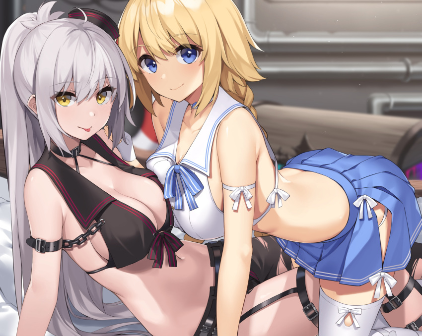 2girls blonde_hair blue_eyes bow braids breasts chain choker cleavage collar cropped fate/grand_order fate_(series) garter hat jeanne_d'arc_(fate) jeanne_d'arc_alter long_hair phano_(125042) ponytail school_uniform skirt thighhighs yellow_eyes
