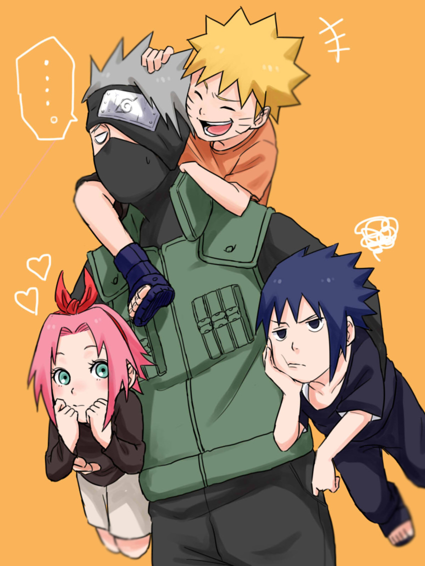 ... 1girl 3boys :d bangs black_eyes black_hair black_pants black_shirt black_shorts blonde_hair closed_eyes closed_mouth forehead forehead_protector green_eyes grey_hair hair_between_eyes hand_on_own_cheek hand_on_own_face haruno_sakura hatake_kakashi headband heart highres long_sleeves mask mouth_mask multiple_boys naruto naruto_(series) ninja ninja_mask open_mouth orange_background orange_shirt pants pink_hair pinoko_(pnk623) sandals shirt short_hair shorts simple_background smile speech_bubble team7 teeth toes uchiha_sasuke uzumaki_naruto vest white_shorts