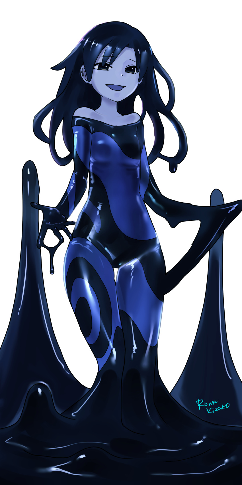 1girl absurdres batman_(series) batman_beyond black_eyes black_hair blue_skin bodysuit colored_skin cosplay crossover flat_chest highres idolmaster inque inque_(cosplay) kisaragi_chihaya latex latex_bodysuit long_hair looking_at_viewer monster_girl monsterification romarsh2019 shiny shiny_skin slime_girl slimification smile solo