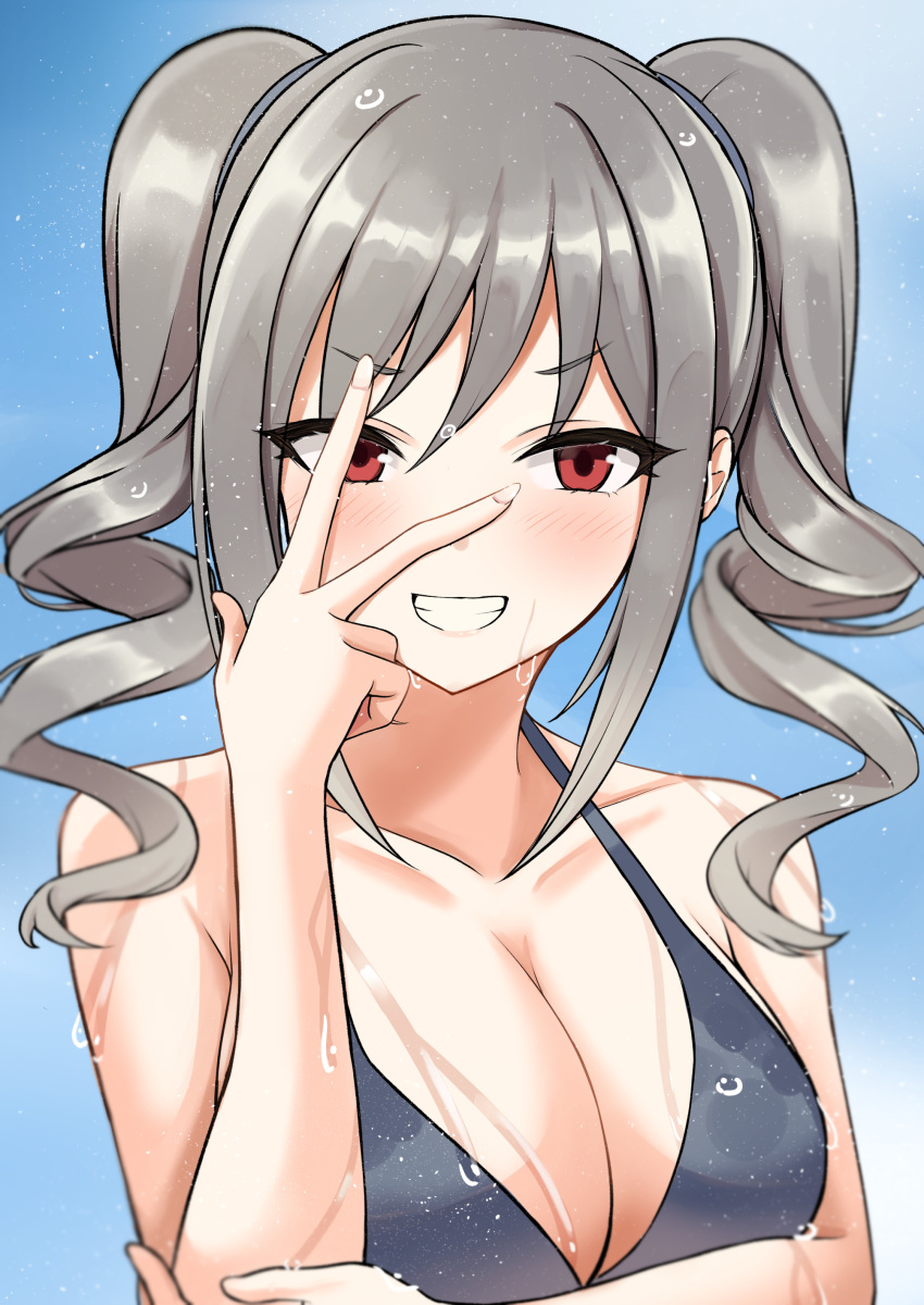 1girl absurdres bangs bare_arms bare_shoulders bikini black_bikini breasts cleavage collarbone commentary_request eyebrows_visible_through_hair grey_hair grin hair_between_eyes highres idolmaster idolmaster_cinderella_girls idolmaster_cinderella_girls_starlight_stage kanzaki_ranko long_hair looking_at_viewer medium_breasts mitsumine_raimu red_eyes ringlets smile solo swimsuit upper_body