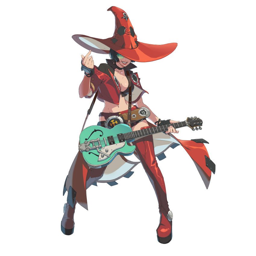 1girl absurdres arc_system_works belt belt_buckle bespectacled black_choker black_hair blue_eyes boots breasts buckle choker cleavage cropped_jacket electric_guitar fingernails full_body glasses grin guilty_gear guilty_gear_strive guitar hat hat_over_one_eye highres holding holding_instrument i-no instrument jacket large_breasts lips lipstick loose_belt makeup mole mole_above_mouth navel official_art partially_unbuttoned platform_boots red_footwear red_headwear red_jacket red_shorts rimless_eyewear short_hair short_shorts shorts showgirl_skirt smile solo standing strap thigh_boots thighhighs tinted_eyewear transparent_background witch_hat