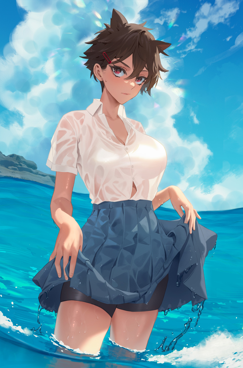 1girl bangs black_shorts blue_skirt blue_sky borrowed_character breasts brown_hair cirilla closed_mouth cloud collared_shirt cowboy_shot dark-skinned_female dark_skin eyebrows_visible_through_hair hair_ornament hairclip highres large_breasts looking_at_viewer micchan_(ohisashiburi) original outdoors red_eyes see-through shirt short_hair short_sleeves shorts shorts_under_skirt skirt sky solo standing wading water wet wet_clothes wet_shirt white_shirt