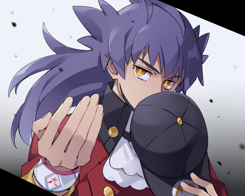 1boy bangs baseball_cap black_headwear blurry buttons commentary_request covering_mouth dark-skinned_male dark_skin dynamax_band eyelashes facial_hair hands_up hat highres holding holding_clothes holding_hat jabot kirimi_maguro leon_(pokemon) long_hair male_focus pokemon pokemon_(game) pokemon_swsh purple_hair solo upper_body white_neckwear yellow_eyes