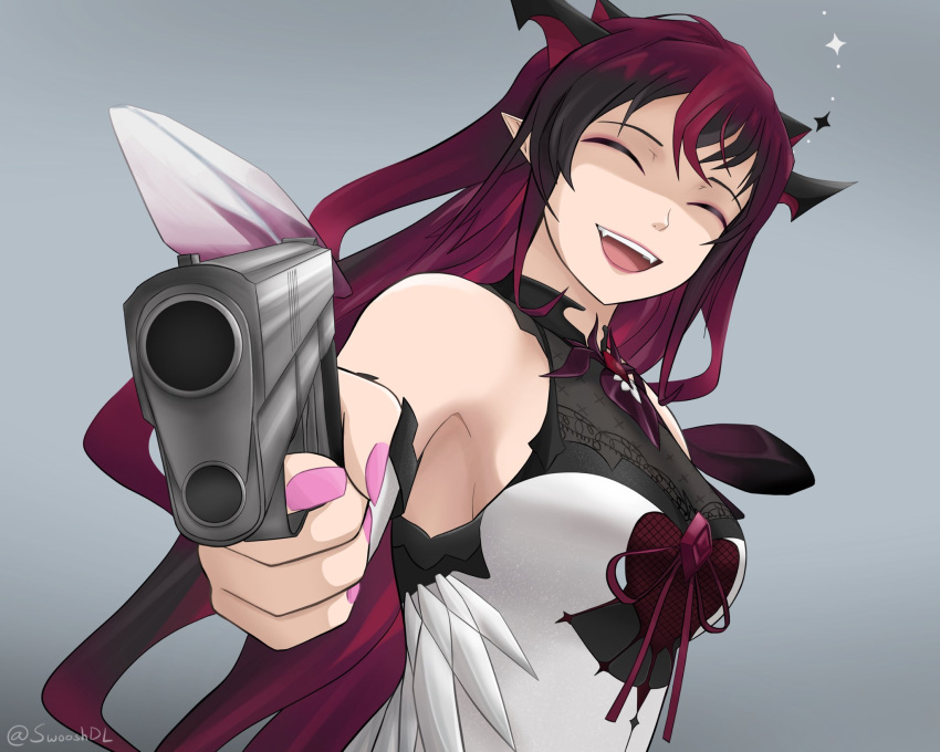 1girl aiming_at_viewer closed_eyes dress gun handgun highres holding holding_gun holding_weapon hololive hololive_english horns irys_(hololive) long_hair multiple_horns open_mouth pistol pointy_ears red_hair shaded_face sleeveless sleeveless_dress smile solo swoosh twitter_username upper_body virtual_youtuber weapon