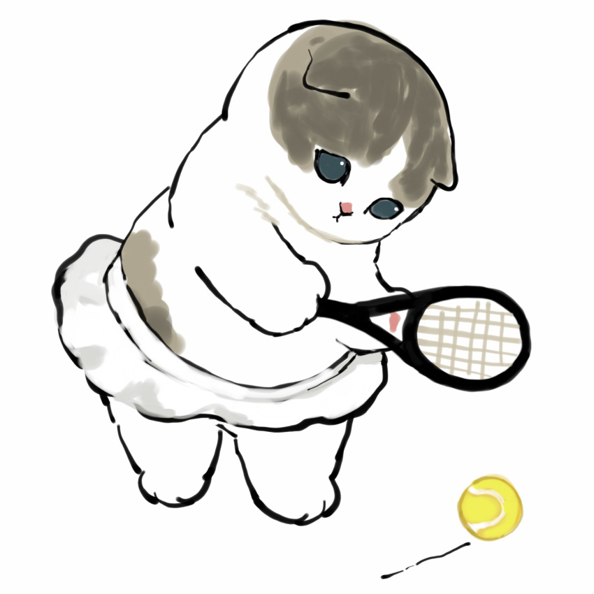 :&lt; animal animal_hands aqua_eyes ball cat cat_tail highres holding juno_(mofu_sand) kitten original playing playing_sports racket skirt sport tail tennis tennis_ball tennis_racket white_background white_skirt