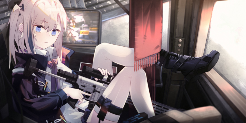1girl ar-15 black_footwear black_jacket blue_eyes blue_hair boots closed_mouth collared_shirt commentary cuicuijiao expressionless eyebrows_visible_through_hair full_body girls'_frontline gun highres holding holding_gun holding_weapon jacket leg_up long_hair long_sleeves looking_at_viewer monitor multicolored_hair one_side_up pink_hair purple_neckwear rifle shirt sitting st_ar-15_(girls'_frontline) streaked_hair thigh_strap thighhighs weapon white_legwear white_shirt