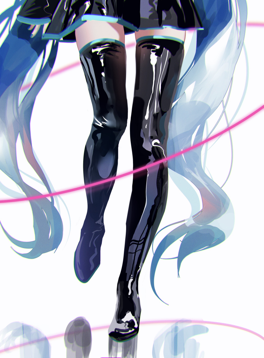 1girl absurdres aqua_hair black_legwear black_skirt boots commentary hatsune_miku highres kikinoki legs long_hair lower_body miniskirt pleated_skirt reflection shiny shiny_clothes skindentation skirt solo standing thigh_boots thighhighs twintails very_long_hair vocaloid white_background zettai_ryouiki