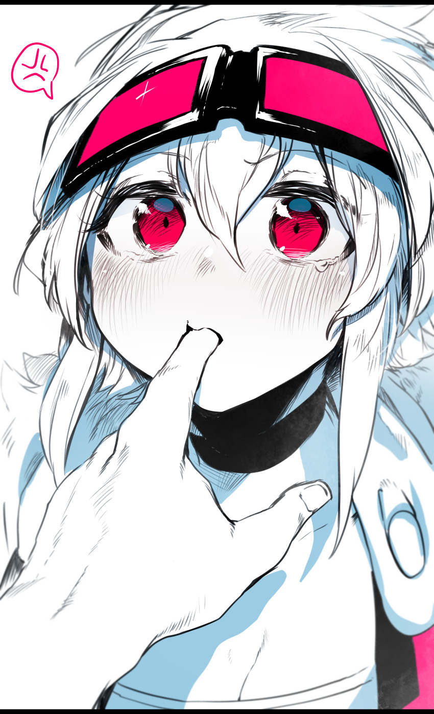 1girl absurdres anger_vein blush breasts choker cleavage finger_in_another's_mouth finger_sucking goggles goggles_on_head highres looking_at_viewer medium_hair niwamaru_(niwarhythm) niwarhythm original pov pov_hands red_eyes solo_focus spoken_anger_vein tears
