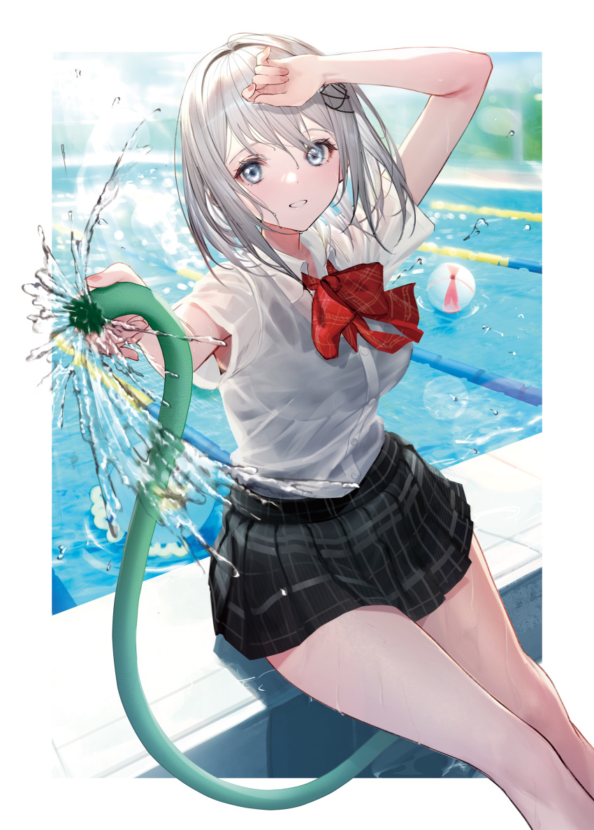 1girl absurdres black_skirt blue_eyes blurry blurry_background bow breasts collared_shirt hair_ornament highres holding holding_hose hose looking_at_viewer medium_breasts medium_hair miniskirt original outdoors pleated_skirt pool poolside red_bow red_neckwear school_uniform see-through shirt short_sleeves silver_hair sitting skirt smile solo standing swimsuit swimsuit_under_clothes takubon wet wet_clothes wet_shirt white_shirt