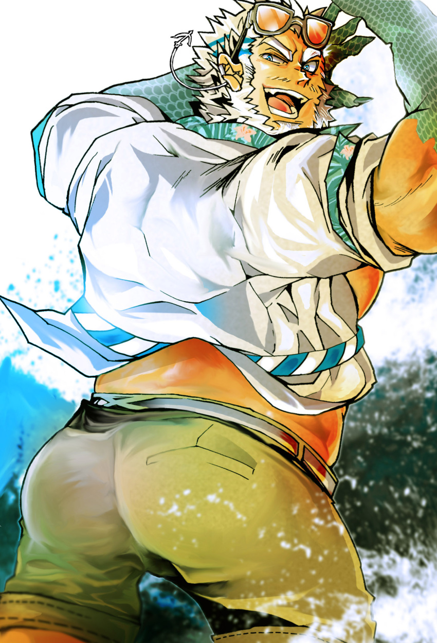 1boy aegir_(tokyo_houkago_summoners) anchor_earrings aqua_hair ass bara beard blue_eyes clothes_lift dark-skinned_male dark_skin earrings eyewear_on_head facial_hair fins fish_boy from_behind green_shorts highres jewelry male_focus mature_male multicolored_hair muscular muscular_male open_clothes open_shirt pectorals shirt_lift short_hair shorts single_earring sleeves_rolled_up solo streaked_hair sunglasses tokoya_(2929dan) tokyo_houkago_summoners water waves white_hair wind wind_lift