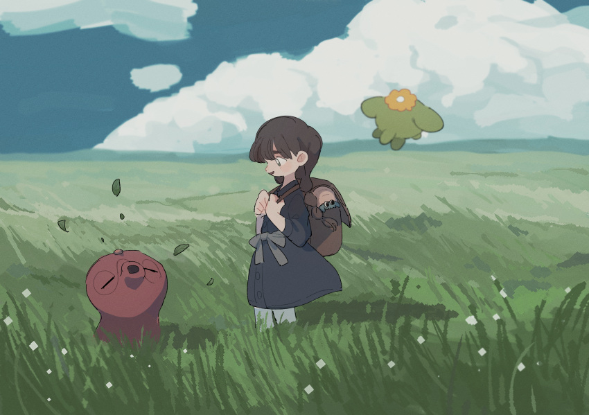 1girl alternate_hairstyle backpack bag bangs black_dress braid braided_ponytail brown_bag brown_hair buttons cloud commentary_request day dress gen_1_pokemon gen_2_pokemon gloria_(pokemon) grass hands_up highres holding_strap in_bag in_container leaves_in_wind long_hair looking_down nodori710 octillery omanyte outdoors pantyhose pokemon pokemon_(creature) pokemon_(game) pokemon_swsh skiploom sky standing white_legwear