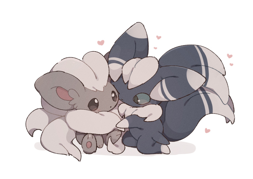 blush cinccino closed_mouth commentary_request gen_5_pokemon gen_6_pokemon heart highres kneeling meowstic meowstic_(male) no_humans nodori710 pokemon pokemon_(creature) sitting white_background