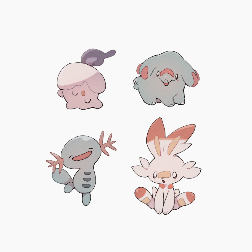 blush closed_eyes closed_mouth commentary_request gen_2_pokemon gen_5_pokemon gen_8_pokemon highres litwick no_humans nodori710 open_mouth phanpy pokemon pokemon_(creature) scorbunny simple_background sitting smile white_background wooper yellow_eyes