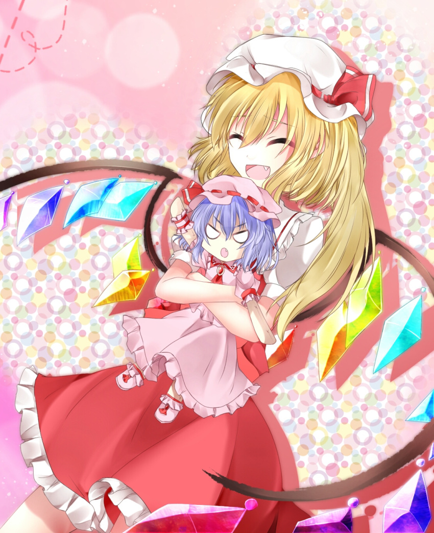 2girls aimii_mii arm_up ascot bangs blonde_hair boots closed_eyes collar collared_dress crystal dress eyebrows_visible_through_hair flandre_scarlet gem hair_between_eyes hand_up hat hat_ribbon highres hug jewelry mob_cap multicolored multicolored_background multicolored_wings multiple_girls one_side_up open_mouth pink_background pink_dress pink_footwear pink_headwear pink_sleeves puffy_short_sleeves puffy_sleeves red_dress red_neckwear red_ribbon remilia_scarlet ribbon shadow shirt short_hair short_sleeves smile touhou white_eyes white_headwear white_shirt white_sleeves wings wrist_cuffs yellow_neckwear