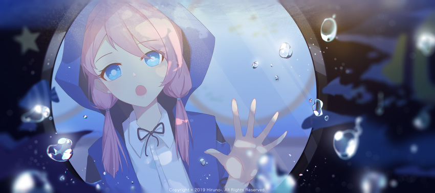 1girl 2019 :o ahoge aquarium arknights bangs blue_eyes blue_jacket blue_poison_(arknights) collared_shirt commentary copyright dart eyebrows_visible_through_hair fish highres hood hood_up hooded_jacket jacket long_hair long_sleeves low_twintails open_clothes open_jacket owenhiruno pink_hair shirt solo twintails upper_body white_shirt