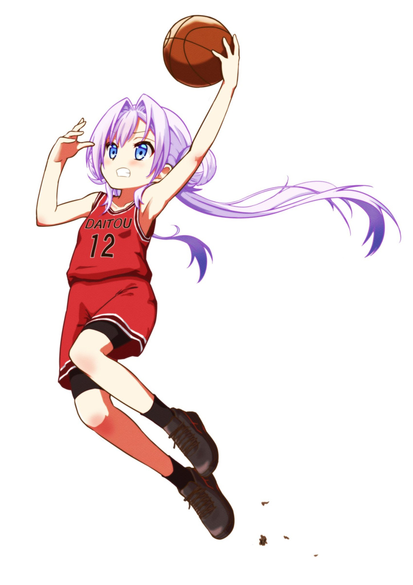 1girl armpits arms_up basketball basketball_jersey basketball_uniform bike_shorts black_footwear black_shorts blue_eyes clenched_teeth double_bun full_body hair_bun hair_intakes highres jumping long_hair magia_record:_mahou_shoujo_madoka_magica_gaiden mahou_shoujo_madoka_magica pink_hair red_shorts red_tank_top shoes shorts shorts_under_shorts simple_background sneakers solo sportswear tank_top teeth twintails white_background yakumo_mikage yappariga