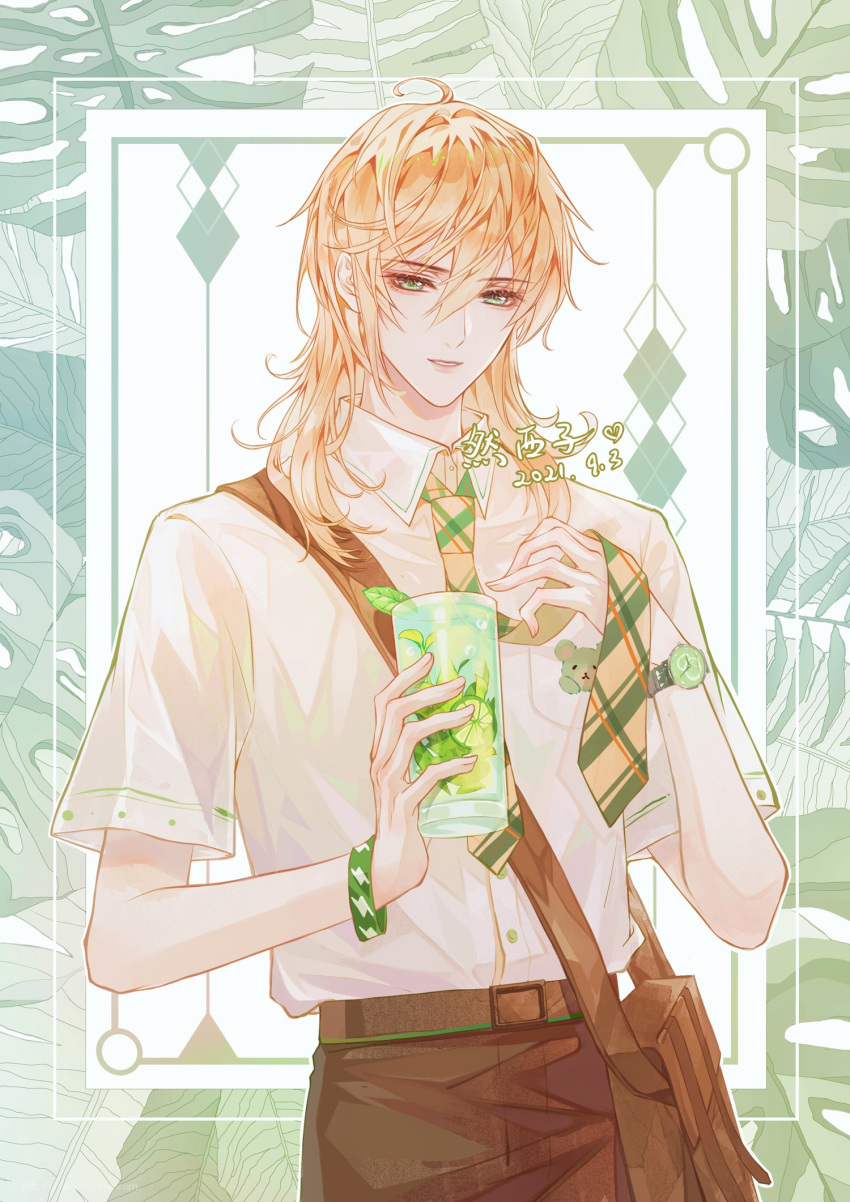 1boy bag blonde_hair bottle bracelet clock cup drinking_glass food for_all_time framed fruit green_eyes highres holding holding_bottle jewelry lemon luchen medium_hair necktie ranxizi school_uniform solo