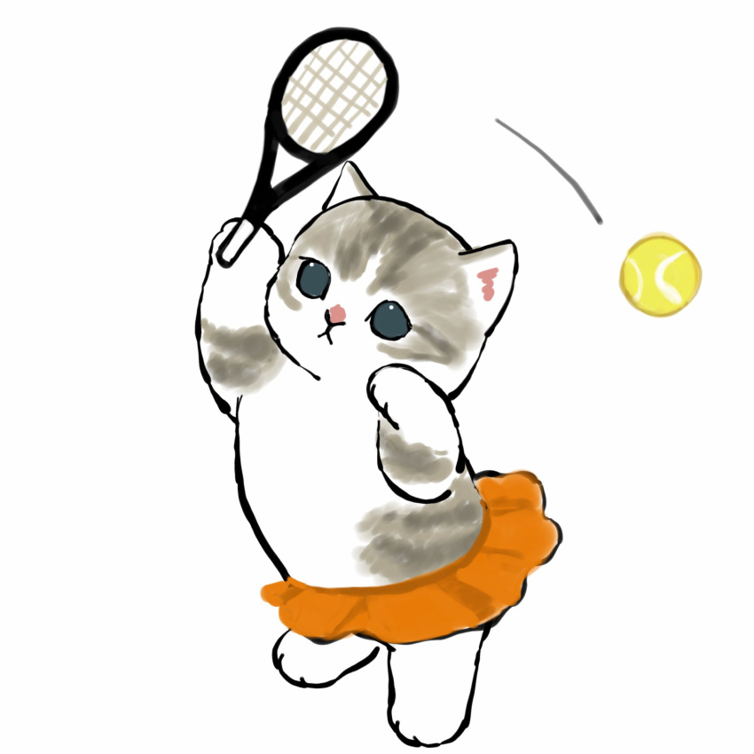 :&lt; animal animal_hands aqua_eyes ball cat cat_tail commentary highres holding juno_(mofu_sand) kitten no_humans orange_skirt original playing playing_sports racket skirt sport tail tennis tennis_ball tennis_racket white_background