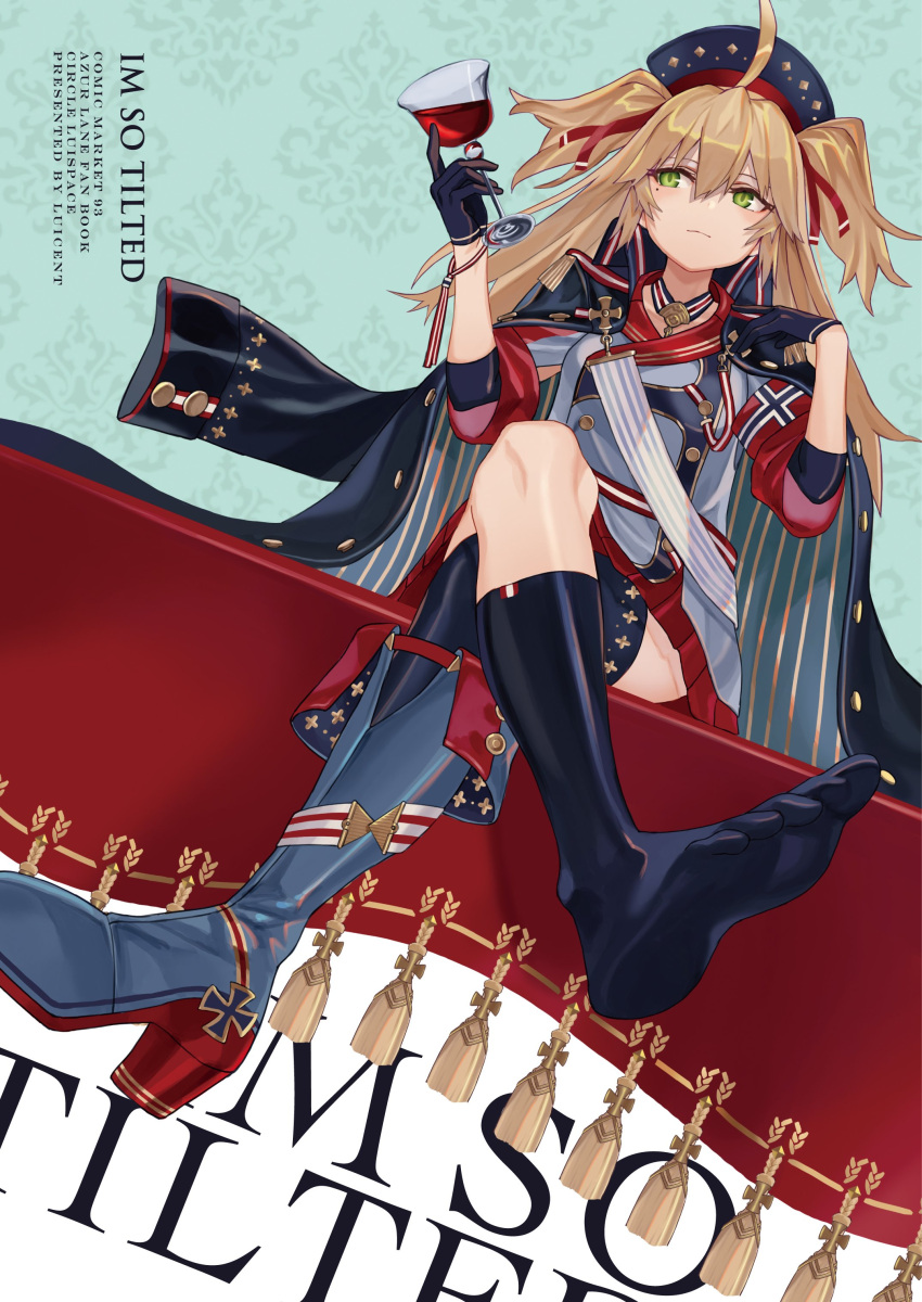 1girl absurdres admiral_hipper_(azur_lane) ahoge aiguillette alcohol armband armpit_cutout artist_name asymmetrical_legwear azur_lane bangs blonde_hair blue_legwear blush boots buttons choker closed_mouth clothing_cutout coat collarbone crossed_legs cup double-breasted drinking_glass epaulettes feet gloves green_eyes hair_between_eyes hair_ornament hair_ribbon hand_up hat headgear high_heel_boots high_heels highres holding holding_cup iron_cross jacket jacket_on_shoulders kneehighs long_hair long_sleeves looking_away luicent military military_uniform multicolored multicolored_clothes no_shoes photoshop_(medium) red_gloves ribbon sash shirt single_boot single_kneehigh single_thighhigh sitting sleeve_cuffs sleeves_folded_up sleeves_rolled_up solo tassel thighhighs tsurime two_side_up uneven_legwear uniform white_background wine wine_glass wristband