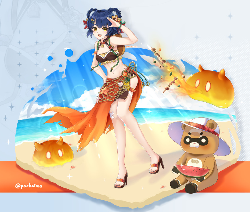 1girl :d absurdres alternate_costume backpack bag bangs beach bell black_hair blue_sky blunt_bangs bracelet braid breasts cleavage cloud cloudy_sky commentary_request eyebrows_visible_through_hair full_body genshin_impact guoba_(genshin_impact) hair_bell hair_ornament hairclip hat high_heels highres horizon jewelry long_hair looking_at_viewer midriff navel ocean open_mouth pochaimo red_panda salute sidelocks sitting sky slime_(genshin_impact) smile standing sun_hat sunlight twin_braids vision_(genshin_impact) watermelon_slice xiangling_(genshin_impact) yellow_eyes