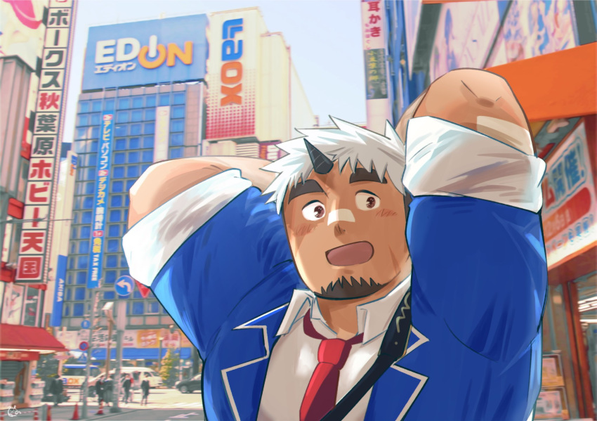 1boy :d akiha_gongen_(tokyo_houkago_summoners) arms_behind_head bandaid bandaid_on_nose bara blush cityscape dark-skinned_male dark_skin facial_hair gakuran goatee highres horns looking_at_viewer male_focus multicolored_hair necktie open_mouth photo_background sawch_cls scar scar_on_face school_uniform short_hair sideburns single_horn sleeves_rolled_up smile solo thick_eyebrows tokyo_houkago_summoners two-tone_hair upper_body