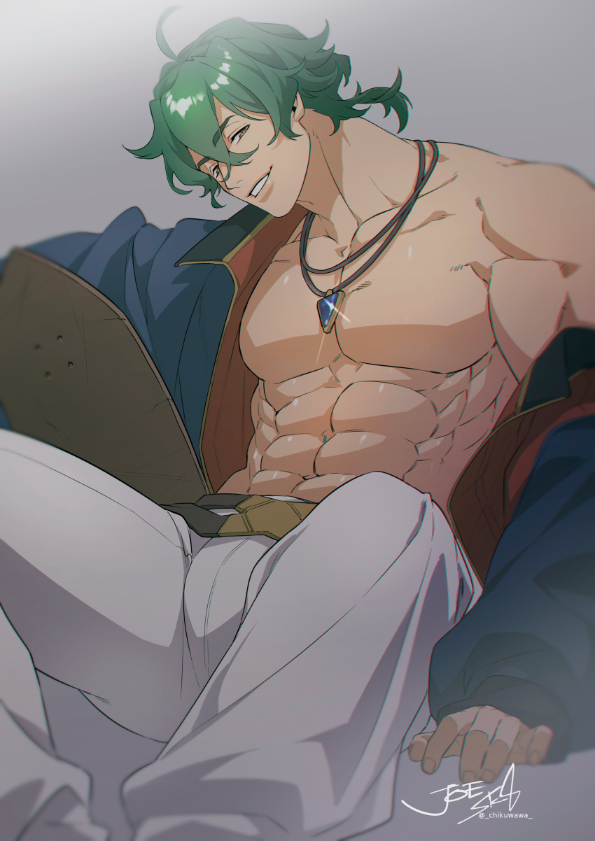 1boy abs absurdres bara bare_pectorals bulge chikuwa_(dr0603) come_hither feet_out_of_frame green_hair head_tilt highres jacket joe_(sk8) large_pectorals looking_at_viewer male_focus medium_hair muscular muscular_male navel necklade no_nipples off_shoulder open_clothes open_jacket pectorals seductive_smile single_bare_shoulder sitting sk8_the_infinity smile solo spread_legs stomach