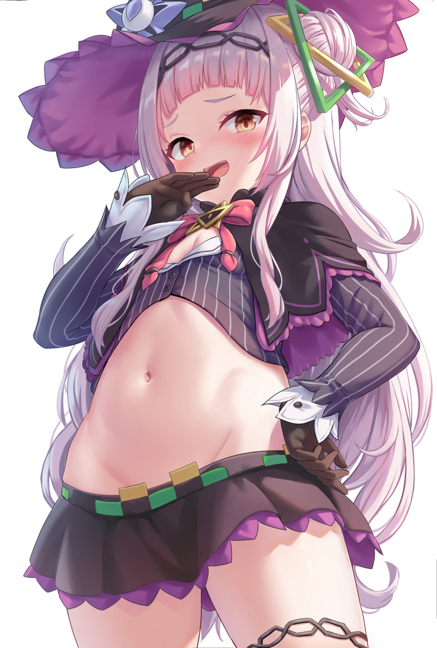 1girl bangs black_capelet black_gloves black_headwear black_skirt blunt_bangs blush breasts capelet crop_top cropped_shirt gloves hair_bun hair_ornament hairband hand_on_hip hat highres hololive long_hair long_sleeves looking_at_viewer midriff miniskirt murasaki_shion navel neck_ribbon open_mouth orange_eyes pink_neckwear pinstripe_pattern pinstripe_shirt purple_shirt ribbon shimokirin shirt side_bun silver_hair skirt small_breasts smile solo striped striped_shirt thigh_strap thighs vertical-striped_shirt vertical_stripes virtual_youtuber witch_hat