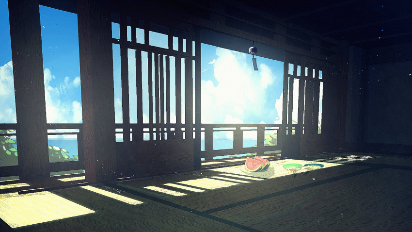 architecture cloud day east_asian_architecture fen_fen_fen_fen food fruit hand_fan highres horizon leaf original railing rural scenery shadow sky summer sunlight veranda water watermelon wooden_beam wooden_railing